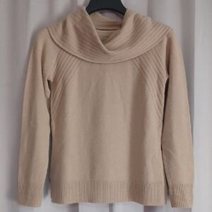 Jones New York Cashmere Sweater Cowl Neck Ribbed Detail Petite Camel Tan